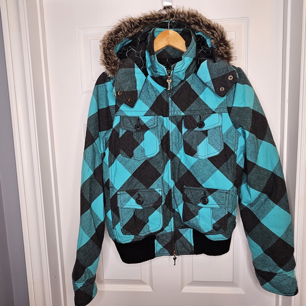 Roxy Girls Turquoise Black Winter Coat Hooded Faux Fur Trim Size XL